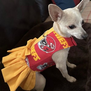 May include: A small dog wearing a red and yellow pet dress. The dress features the text "CHIEFS" and a football helmet graphic. The skirt is a bright yellow color.