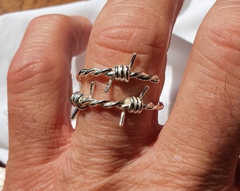 Sterling silver Coiled Barbed wire ring, adjustable, three barb