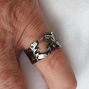 Gates of Hell #2. Unique hand carved, Sterling silver and 9ct Gold brutalist 925 ring, with black patina. 10mm ring. Size 7 US, &quot;N 1/2&quot; UK
