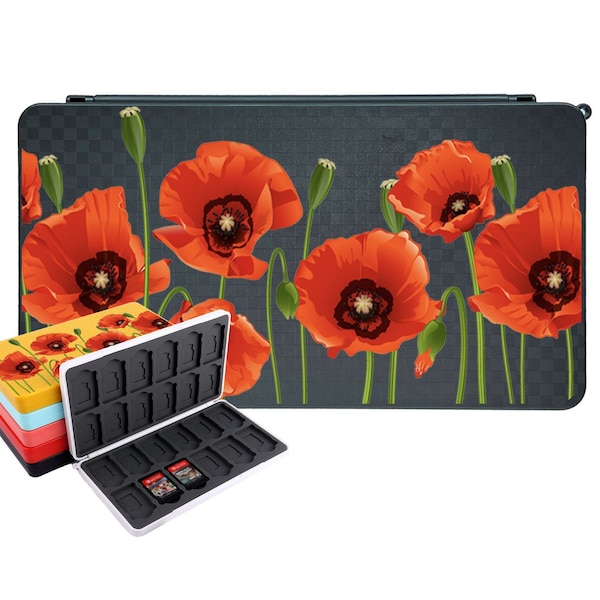 Flowers Switch Porte-cartes de jeu pour Nintendo Switch OLED / LITE, Poppy Organisateur portable 24 jeux et 24 fentes pour cartouches mémoire Micro SD U124