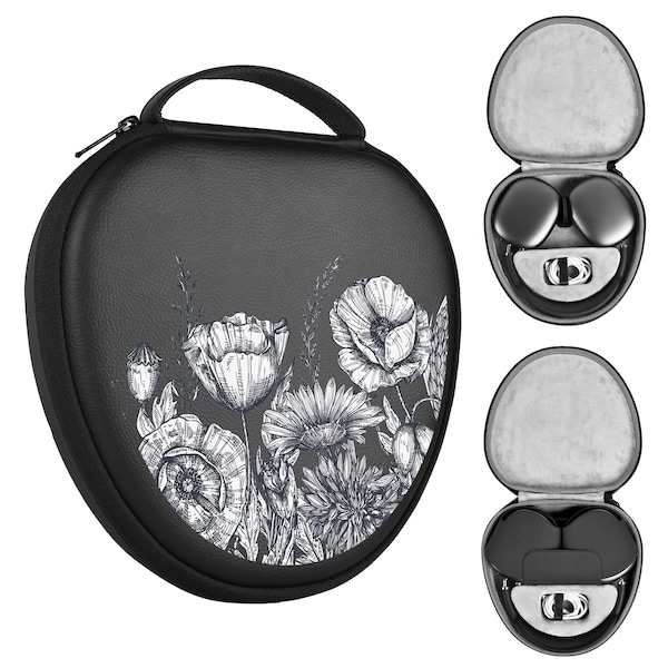 Flowers Carrying Case for Apple Airpods Max with Sleep Mode, Meadow Hard Shell Travel Bag, Poppy Smart Case for Headphones Holder Pouch B140