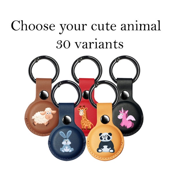 Cute Animal AirTag Holder, Vegan Leather AirTag Keychain, Cute Airtag Case for Apple AirTag Tracker for Cat Dog Key, Children Kids gift AT22