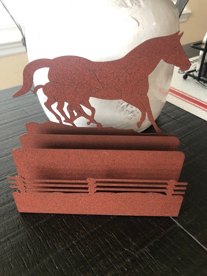 Vintage Rustic Western Heritage Horse Mare Rust Tone Metal Napkin Letter Holder Desk Table Decor