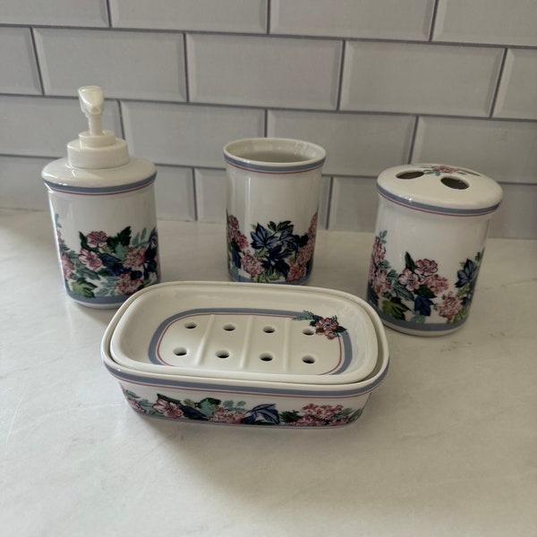 4pc Vintage Laura Ashley Ashbourne Bathroom Accessories Set: Soap Dish , Soap Dispenser , Cup , Toothbrush Holder