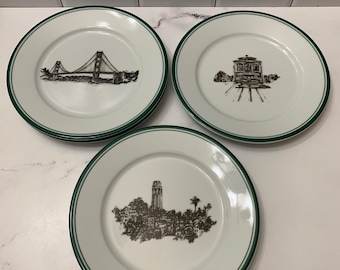Vintage Apilco France Porcelain Plates: San Francisco Scenes, Green Trim (Set of 4)