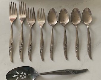 Vintage Rose Song Silverplate Flatware Set: 1881 Rogers Oneida, 9-Piece