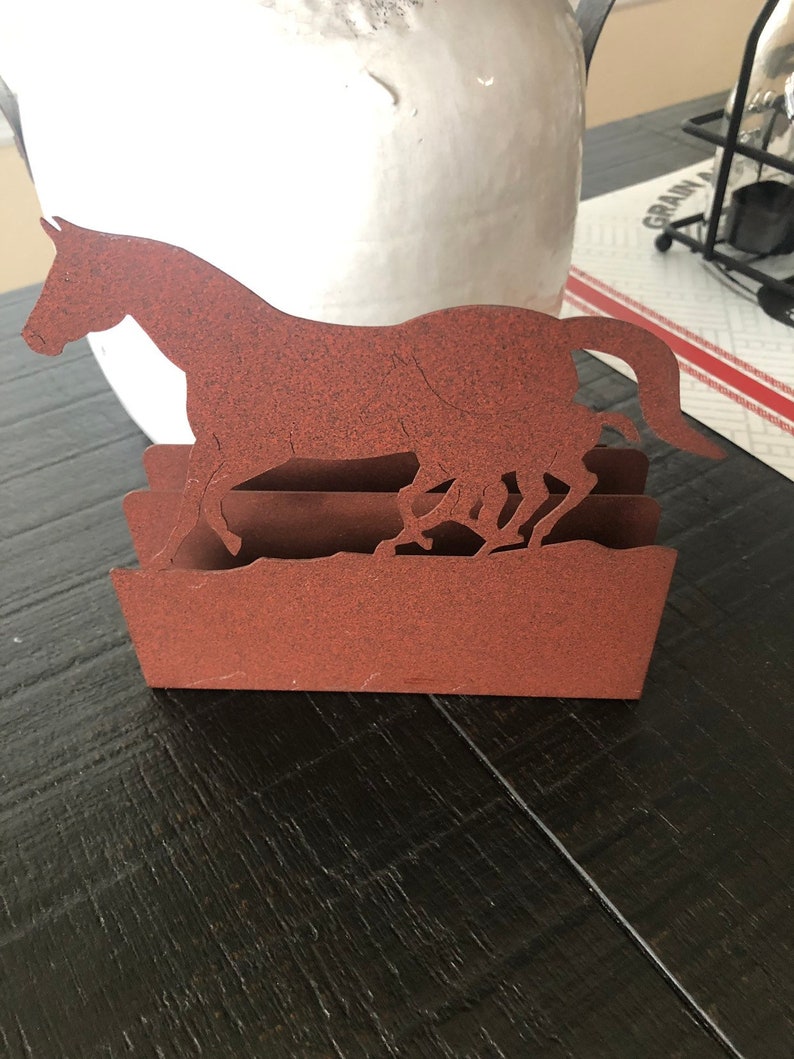 Vintage Rustic Western Heritage Horse Mare Rust Tone Metal Napkin Letter Holder Desk Table Decor