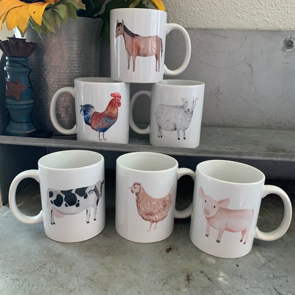 Simple Cute Farm Animal Print 11oz Mugs | You Pick! Cow Rooster Pig Horse Sheep Hen | Hot Cocoa Coffee Tea Succulent Farmhouse Coffee Stand