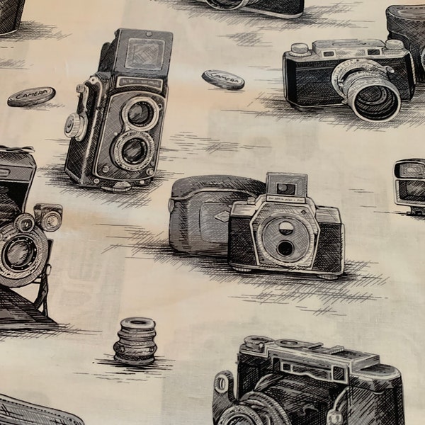 1 Yard _ Antique Cameras | Vintage Camera | Black Grey Fabric | 100% Cotton | Perfect Photographer Fabric DIY Sewing Pillows and More!