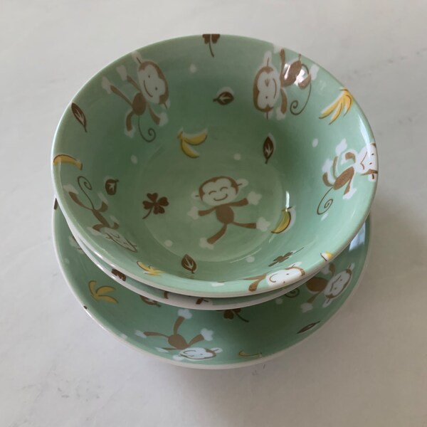 Vintage 3pc Saikai Rice Bowls + Shallow Bowl Fun Monkey Banana Clover Leaf Mint Green Made in Japan