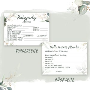 May include: A printable baby shower game card with a green and white floral design. The front side has a title "Baby Party" and asks guests to guess the baby's birthdate, gender, and other details. The back side has a title "Hello Little Wonder" and asks guests to write down what they will teach the baby.