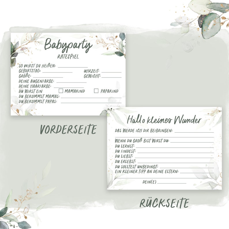 May include: A printable baby shower game card with a green and white floral design. The front side has a title "Baby Party" and asks guests to guess the baby's birthdate, gender, and other details. The back side has a title "Hello Little Wonder" and asks guests to write down what they will teach the baby.