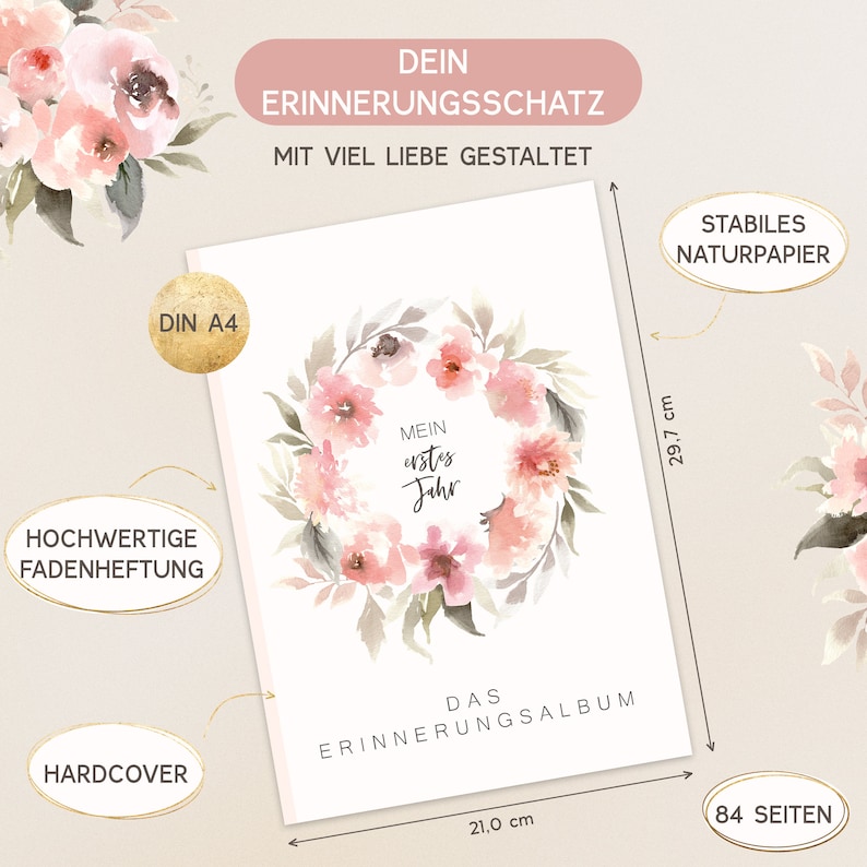 May include: A white hardcover photo album with a watercolor floral wreath design. The album is 8.27 inches by 11.69 inches and has 84 pages. The text "Mein erstes Jahr" (My First Year) is in the center of the wreath.