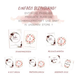 May include: A collection of printable products for pregnancy and baby milestones. The products include a baby memory book, milestone cards, baby party games, and more. The products feature a floral design with pink and burgundy flowers.