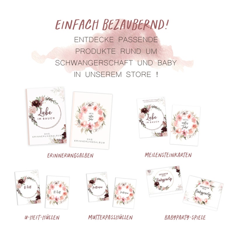 May include: A collection of printable products for pregnancy and baby milestones. The products include a baby memory book, milestone cards, baby party games, and more. The products feature a floral design with pink and burgundy flowers.