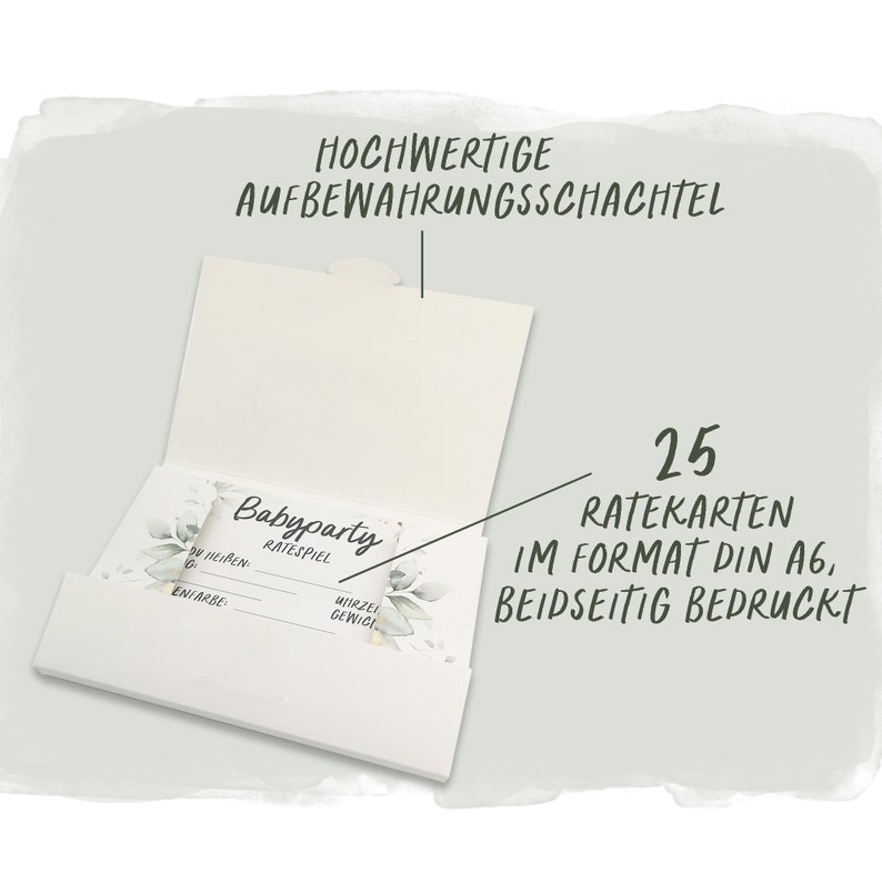 May include: A white box with a green floral design and the text "Babyparty Ratespiel" on the front. The box is open to reveal 25 rate cards in DIN A6 format, printed on both sides. The box is labeled "Hochwertige Aufbewahrungsschachtel" (High-quality storage box).