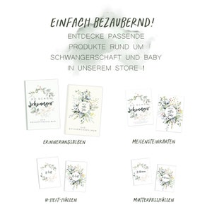 May include: A collection of printable products for pregnancy and baby milestones. The products include a pregnancy journal, milestone cards, and baby book covers. The designs feature watercolor illustrations of greenery and flowers.