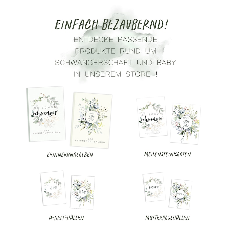 May include: A collection of printable products for pregnancy and baby milestones. The products include a pregnancy journal, milestone cards, and baby book covers. The designs feature watercolor illustrations of greenery and flowers.