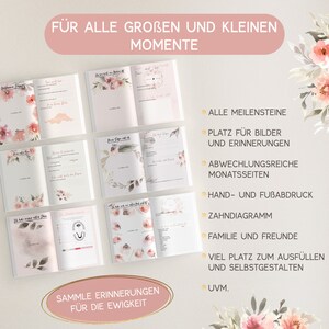 May include: A pink and gray baby memory book with floral illustrations. The book has pages for recording milestones, photos, and other memories. The text on the cover reads "F&Uuml;R ALLE GROBEN UND KLEINEN MOMENTE" and "SAMMLE ERINNERUNGEN F&Uuml;R DIE EWIGKEIT".