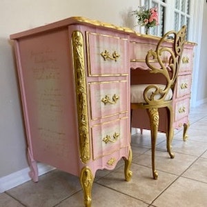 SOLD - Stunning Serpentine Pink & Gold Leaf Desk/Vanity with Stool
