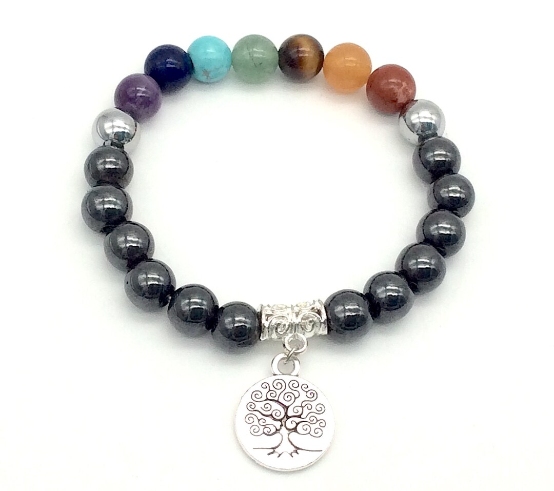 Seven Chakra Bracelet Silver Tree of Life and Magnetic Hematite Beads ...