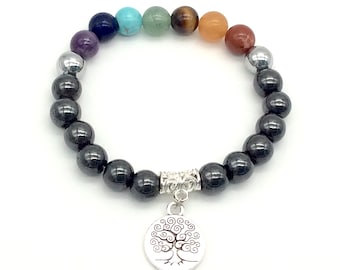 Seven Chakra bracelet silver Tree of Life and magnetic hematite beads. Natural stones and healing crystals. 3 sizes. Made in USA
