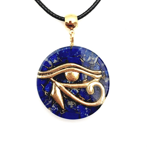 Orgone pendant necklace with golden Eye of Horus & Lapis Lazuli healing stones Egyptian amulet 1.38" diameter. Made in USA