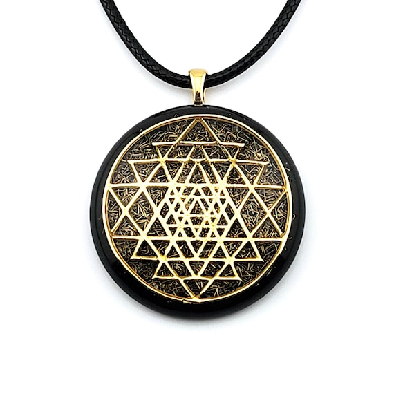 Orgone Energy pendant necklace Golden Sacred Geometry Sri Yantra, Black Tourmaline & Shungite. EMF protection. Made in USA