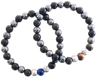 Hematite and black Obsidian beaded bracelet. Tiger Eye or Lapis Lazuli Natural stones for protection. 3 sizes for Men and Women. Made in USA