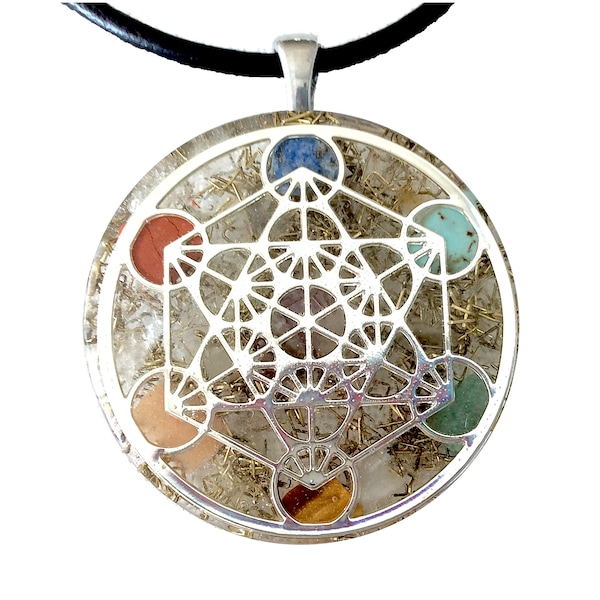 Orgone energy pendant necklace Silver Metatron's Cube Sacred Geometry & Authentic Seven Chakra stones 1.25 inch. Made in USA