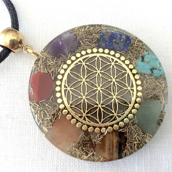 Orgone energy pendant necklace golden Flower of Life & Seven Chakra healing stones. Made in USA