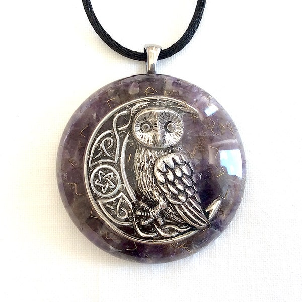 Orgone pendant necklace Silver Celtic Moon Owl and natural Amethyst crystals. Made in USA