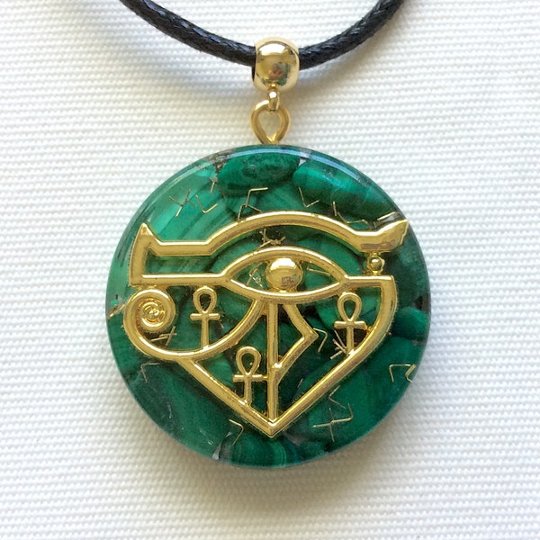 Orgone energy pendant necklace with golden Eye of Ra Ankh & Malachite healing stones. Egyptian amulet 1.38". Made in USA