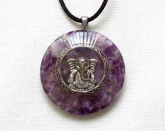 Orgonite pendant necklace with silver Ganesh Ganpati & amethyst healing crystals. Made in USA