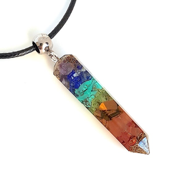 Orgone energy Quartz point pendant necklace with Seven Chakra healing stones. Silver bead. Made in USA