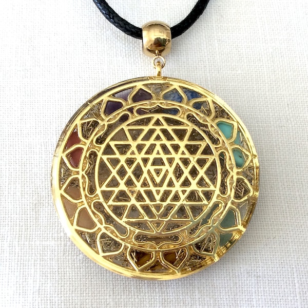 Orgone pendant necklace golden Sri Yantra Hindu Tantra Chaka & Seven Chakra healing stones. Made in USA