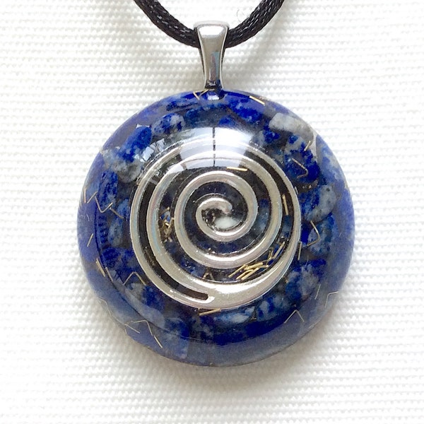 Orgone energy pendant necklace silver Swirl Spiral and authentic Lapis Lazuli stones. Made in USA
