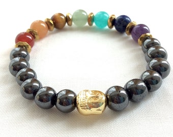 Seven Chakra bracelet with golden Buddha head and hematite 8mm beads. Natural stones and healing crystals energy. 3 sizes. Made in USA