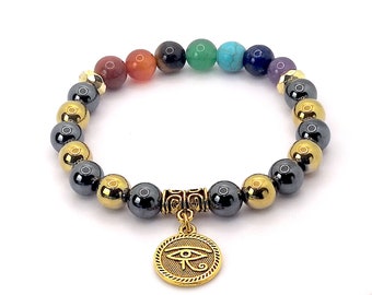 Seven Chakra bracelet golden Eye of Horus and magnetic Hematite beads 8mm. Natural stones and healing crystals. 3 sizes. Made in USA