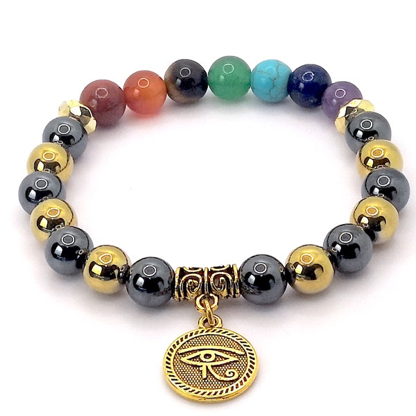 Seven Chakra bracelet golden Eye of Horus and magnetic Hematite beads 8mm. Natural stones and healing crystals. 3 sizes. Made in USA