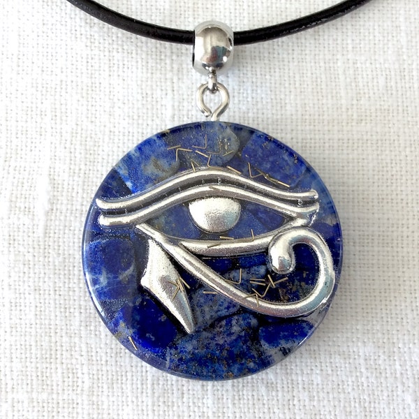 Orgone energy pendant necklace Silver Eye of Horus & authentic Lapis Lazuli healing stones. Egyptian Amulet Protection 1.35". Made in USA