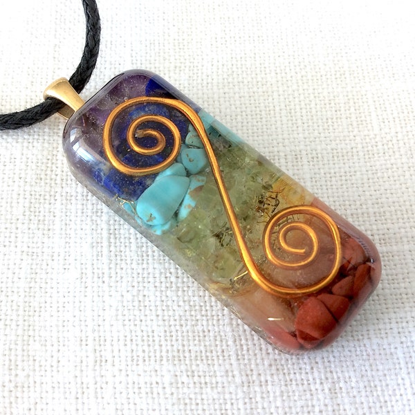 Orgone Energy stick pendant necklace with double Spiral and Seven Chakra healing Crystals. Made in USA