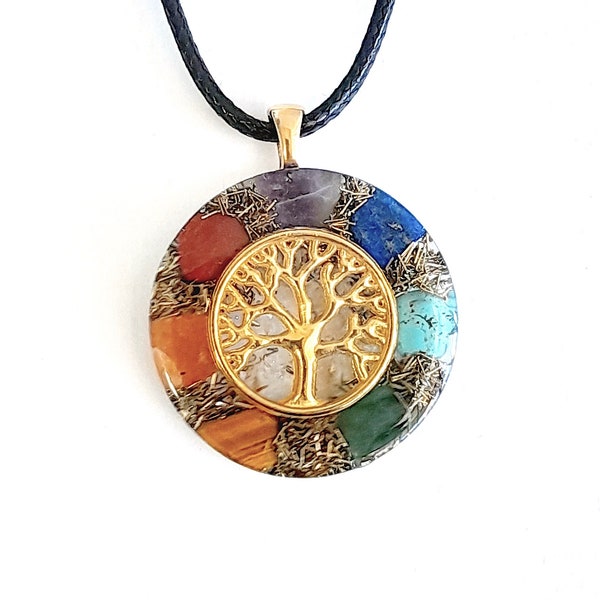 Orgone energy pendant necklace with golden Tree of Life & Seven Chakra healing stones. Made in USA