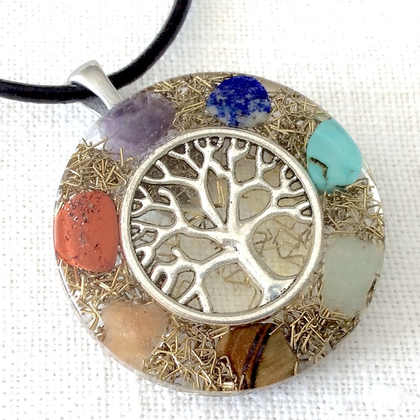 Orgone energy pendant necklace with silver Tree of Life and Seven Chakra healing stones. MADE IN USA