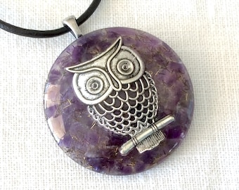 Orgonite pendant necklace with silver Owl & Amethyst healing crystals. Made in USA