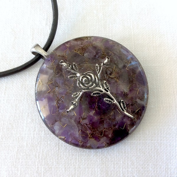 Orgonite pendant necklace with silver Rose Cross & Amethyst healing crystals. Made in USA