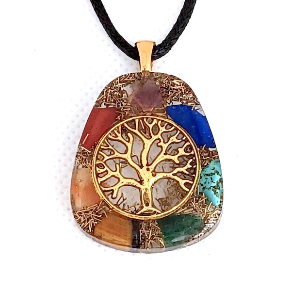 Orgone energy pendant necklace with tree of life and seven chakra healing stones. EMF protection. Handmade in USA