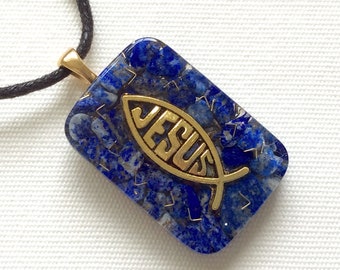 Orgone energy pendant necklace with golden Jesus Christian Fish & authentic Lapis Lazuli stones. Made in USA