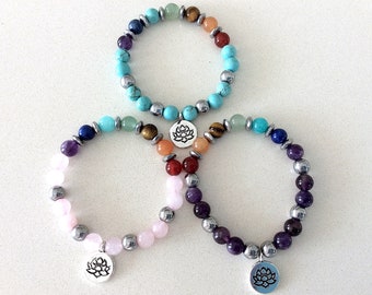 Seven Chakra Gemstone Bracelet with Lotus Flower Charm, Handmade in USA