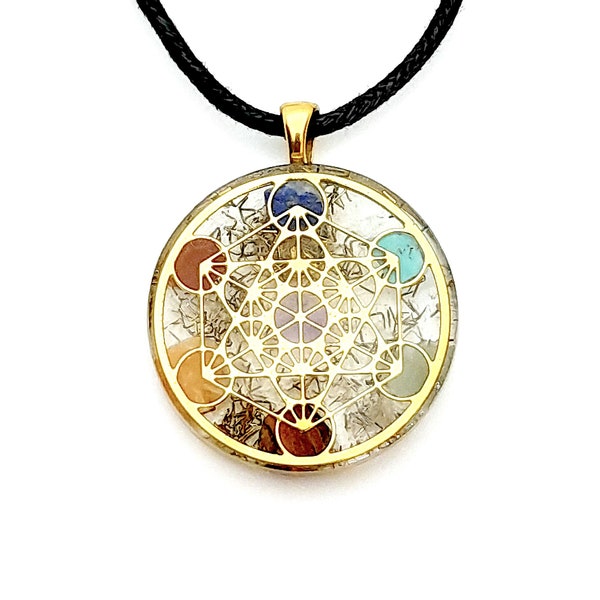 Orgone energy pendant necklace Golden Metatron's Cube Sacred Geometry & Authentic Seven Chakra stones 1.25 inch. Made in USA